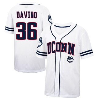 Brett Davino Replica White Men's UConn Huskies Colosseum /Navy Free Spirited Baseball Jersey