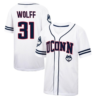 Devin Wolff Replica White Youth UConn Huskies Colosseum /Navy Free Spirited Baseball Jersey